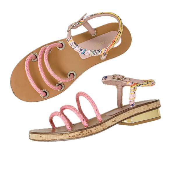 Chanel 2017 Fisherman Sandals Rope Tweed Cork Gold CC Label Plate Size 39.5 - Picture 1 of 15